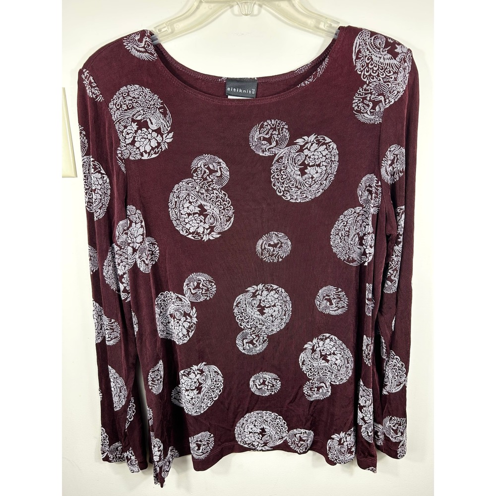 VTG Citiknits Peacock Bird Novelty Print Top Women's S Slinky Stretch BOHO Party